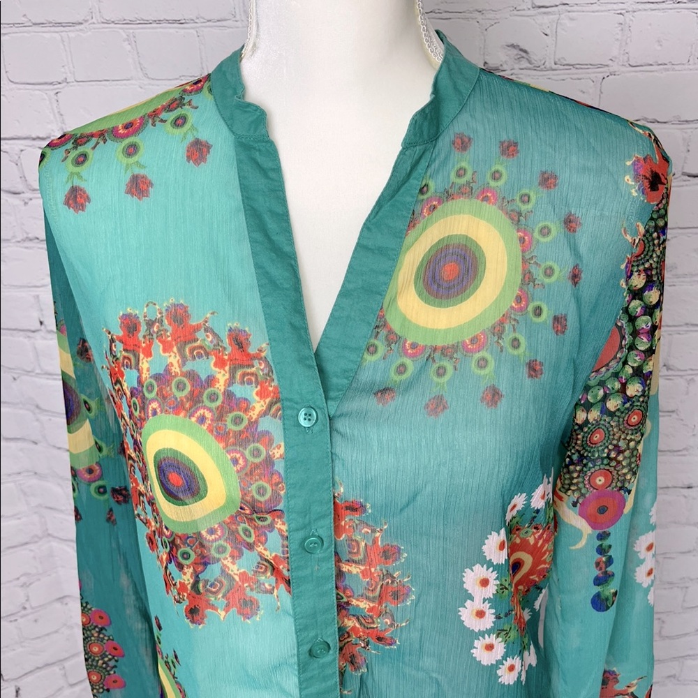 Desigual Sheer Boho Print Button Down Shirt w Mandarin Collar Green XL